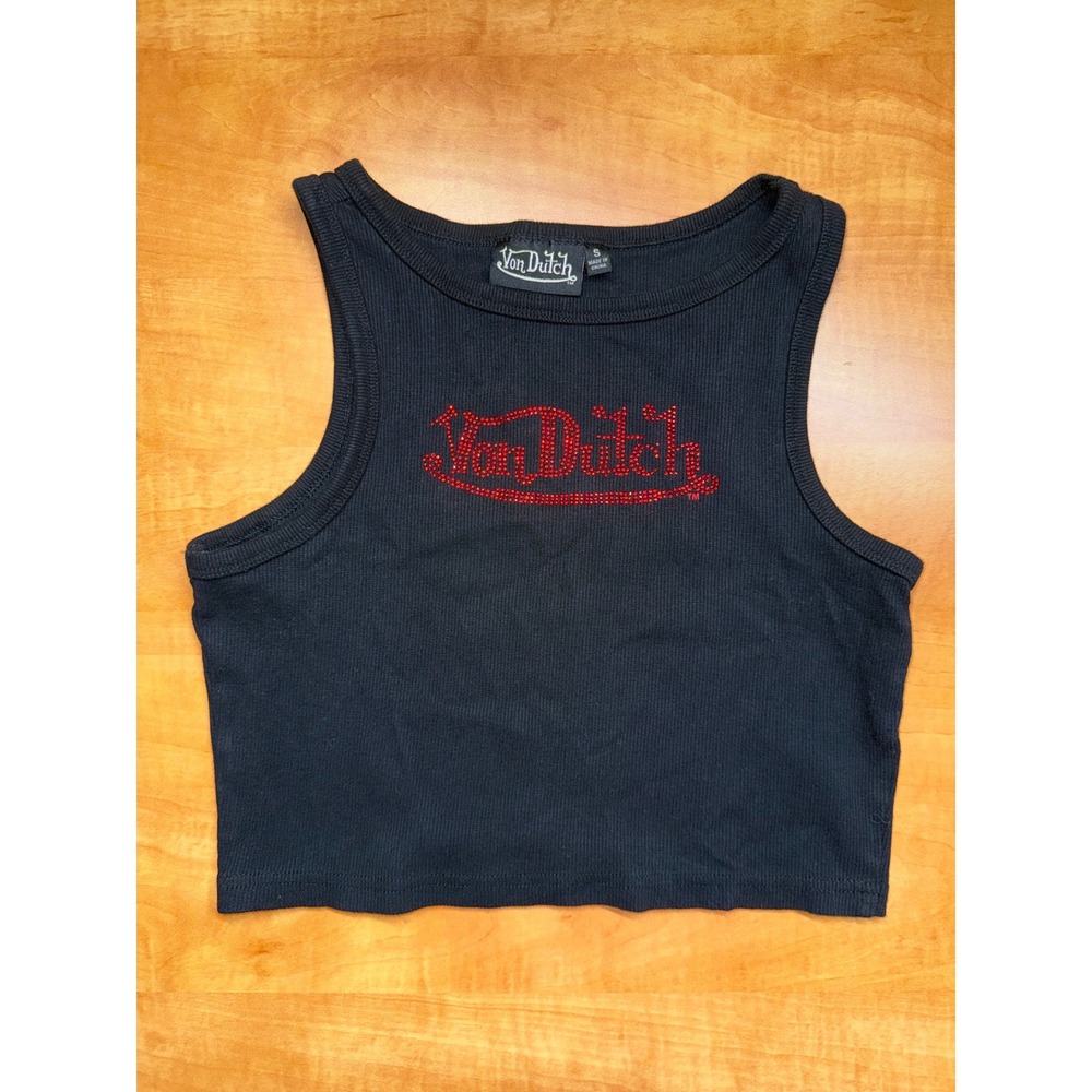 Von Dutch Black Ribbed Rhinestone Logo Crop Tank‎ Top Small